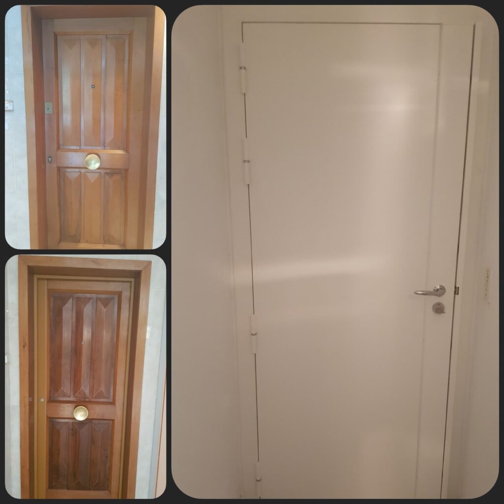 Blindage d’une porte d’appartement : façade bois côté palier, habillage blanc côté intérieur