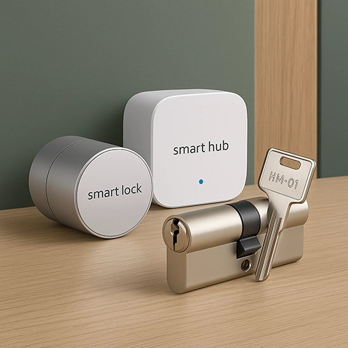 Cylindre connecté avec son boîtier, piloté depuis le téléphone